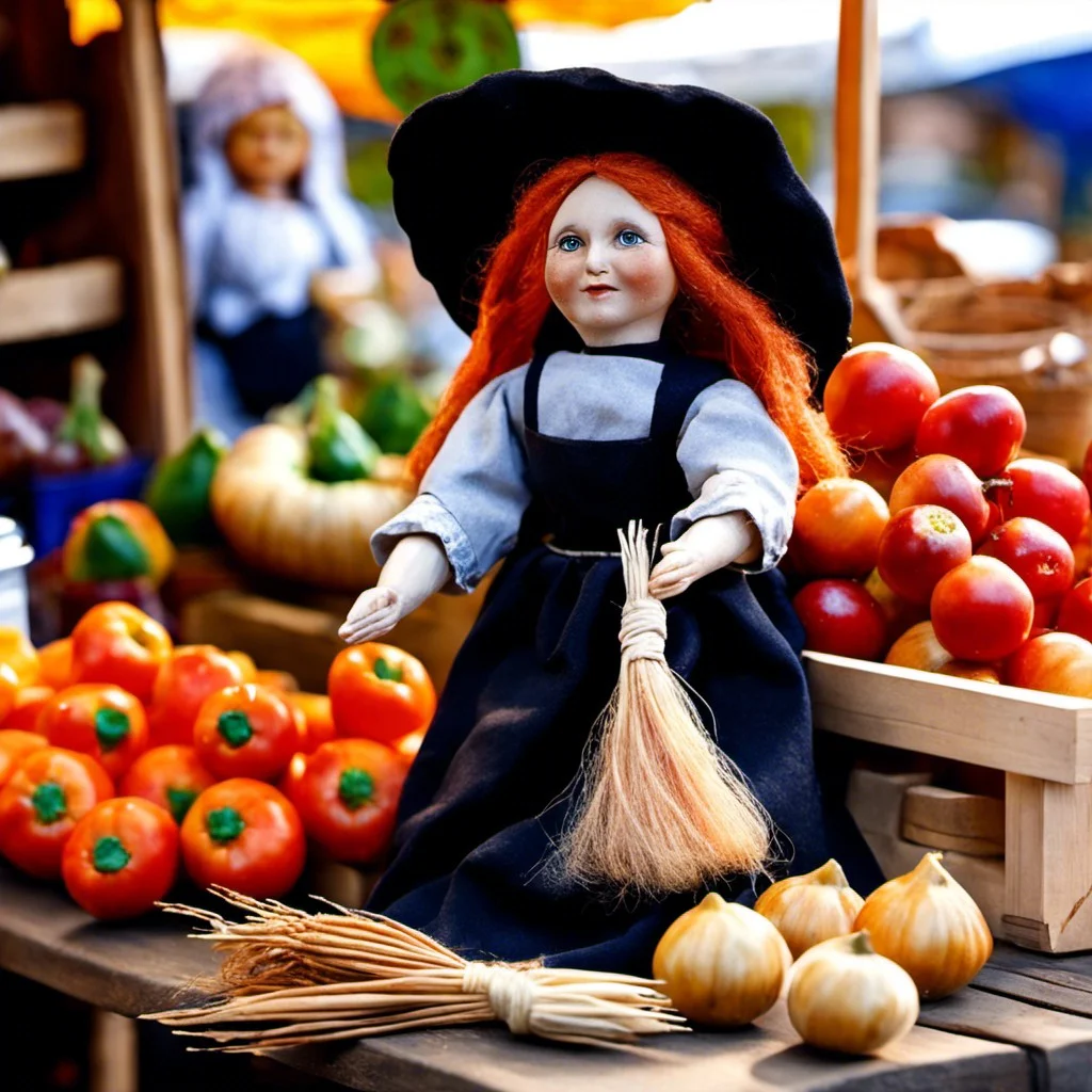 witch doll with a farmers market stall setup
