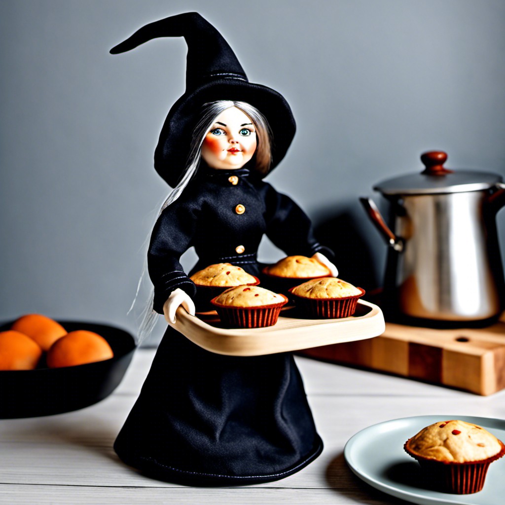 witch doll with a muffin tray and oven mitts
