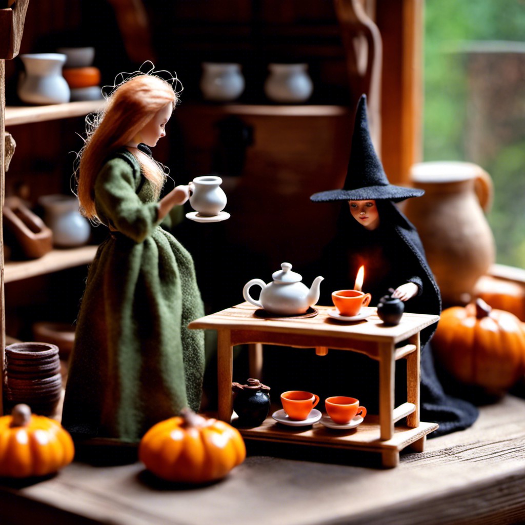 witch doll with a tea brewing set