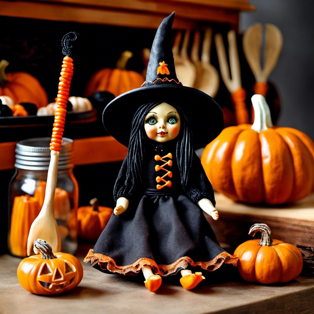 witch doll with carved pumpkin and halloween treats