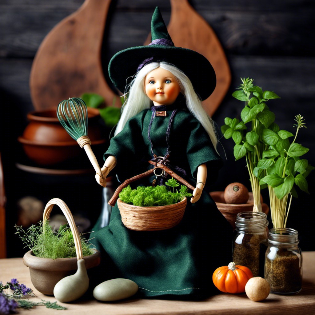 witch doll with herb garden accessories