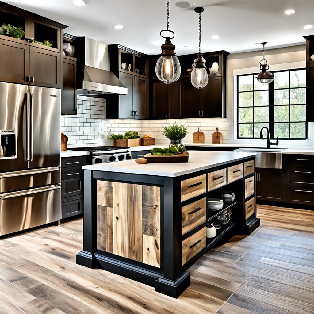 wood look tile island with industrial accents