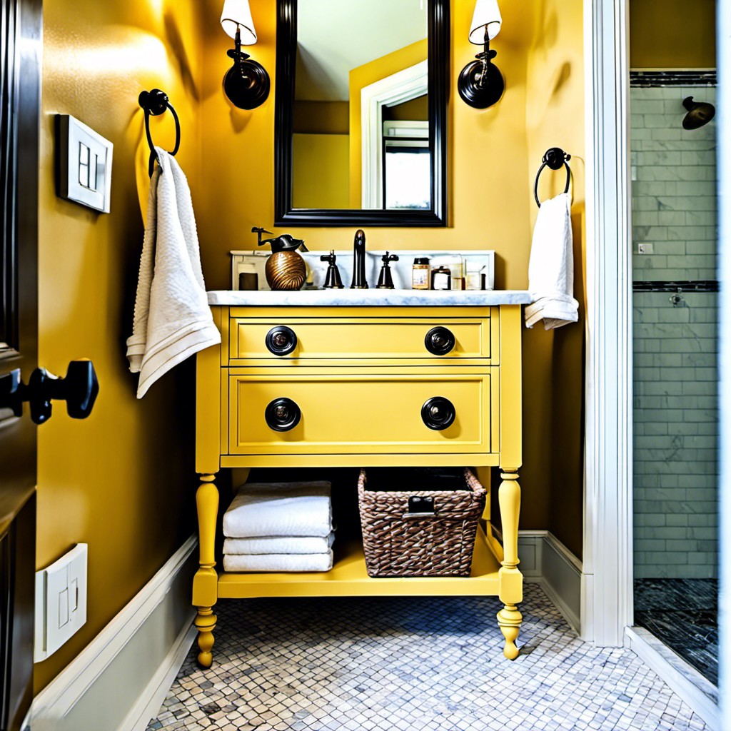 yellow painted vanity with vintage bronze fixtures