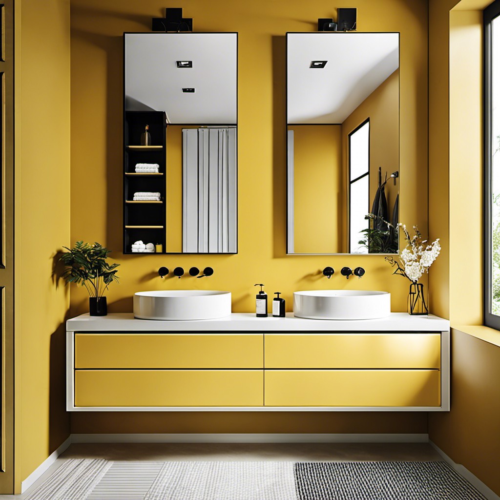 yellow vanity with double basins for a couples bathroom