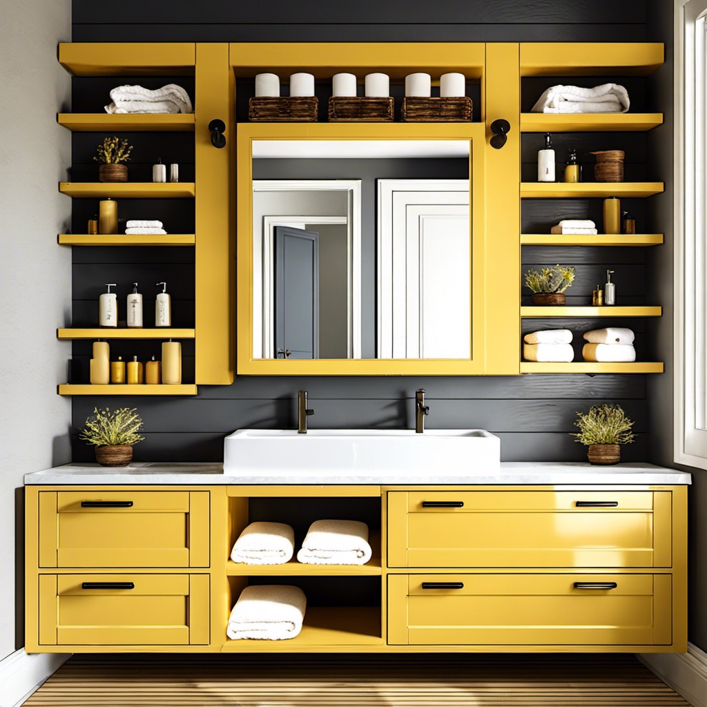 yellow vanity with open shelving for a rustic look