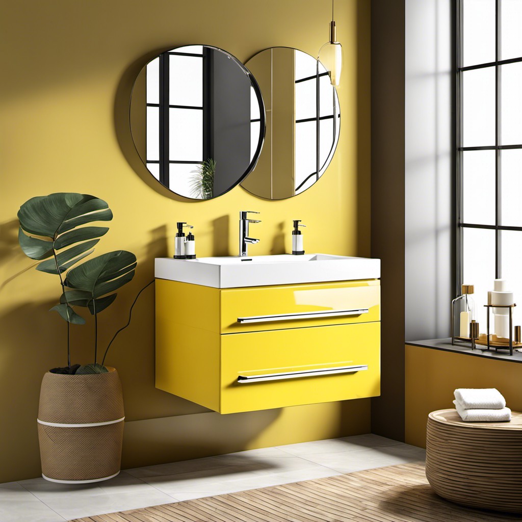 yellow vanity with transparent glass basin