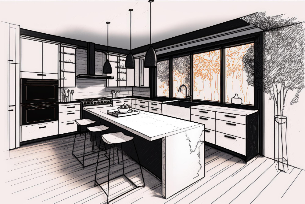 Determining the Flow of Foot Traffic Kitchen Layour Sketch Draw