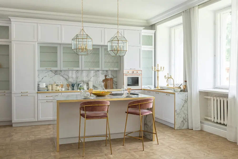 White Kitchen Cabinets Metallic Decor Chairs Curtain