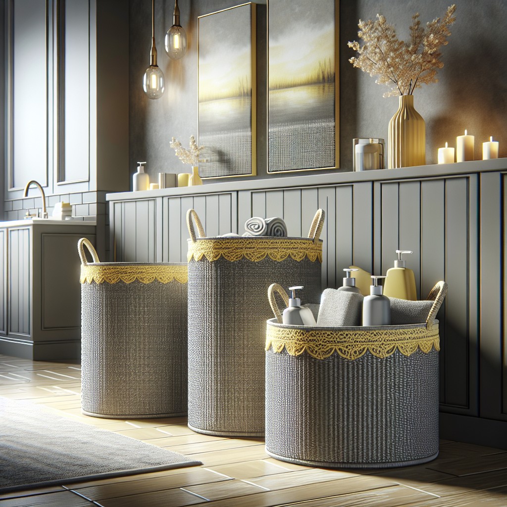 a matching set of gray storage baskets with yellow trims