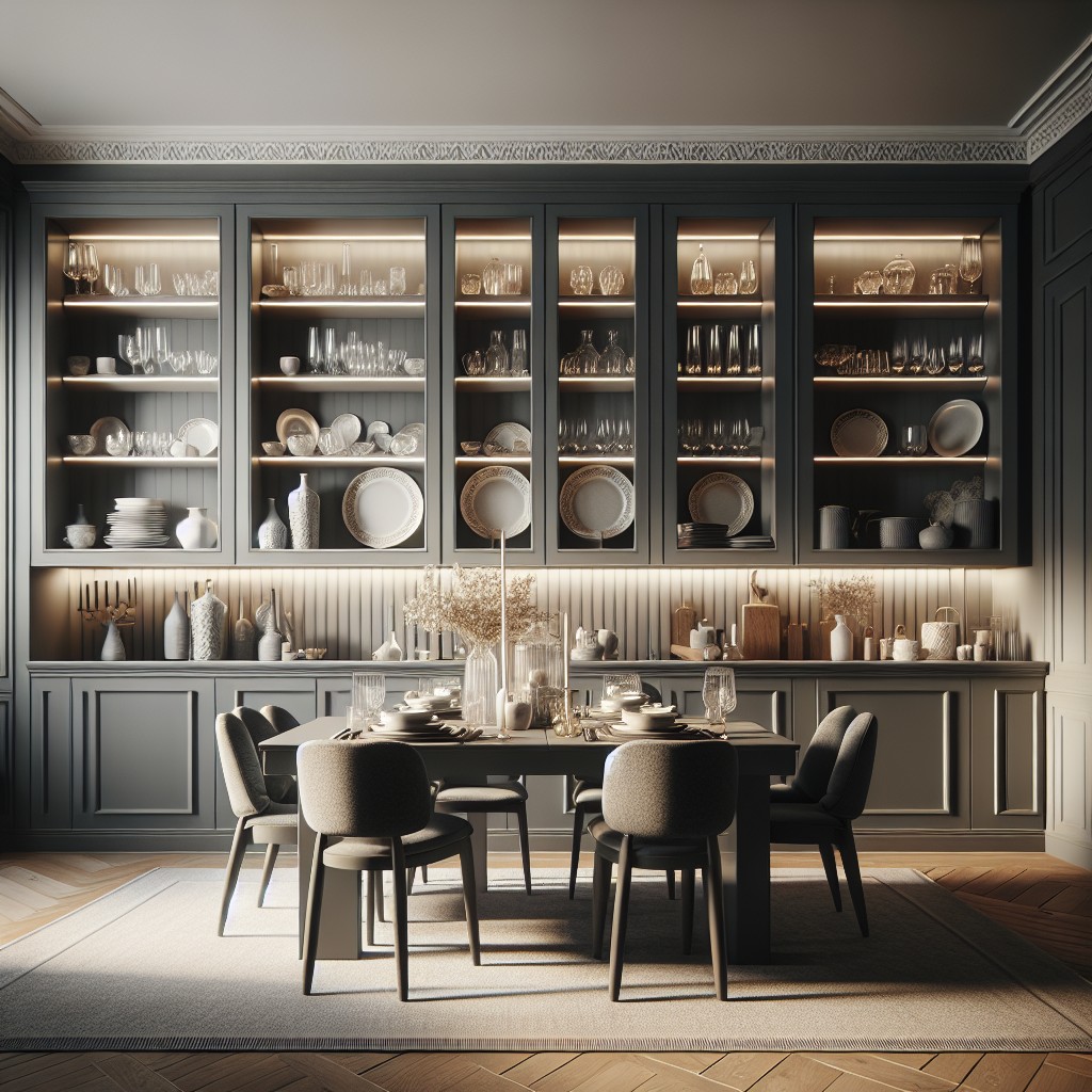a mood setting dining room with dark grey cabinet wall and light grey surrounding walls