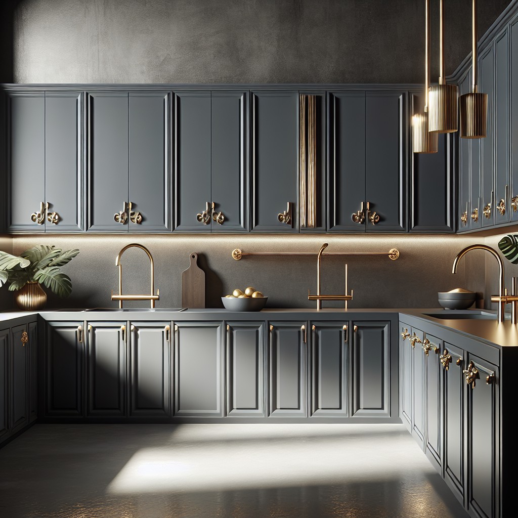 accentuating dark grey cabinets with gold fixtures for a luxurious look