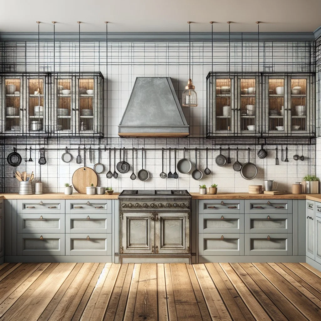 antique grey cabinets in an industrial design kitchen