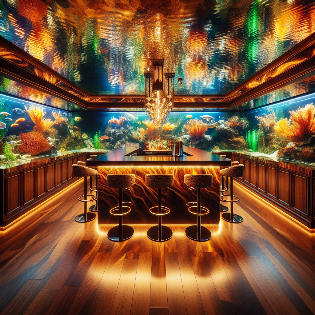 basement bar with aquarium backdrop
