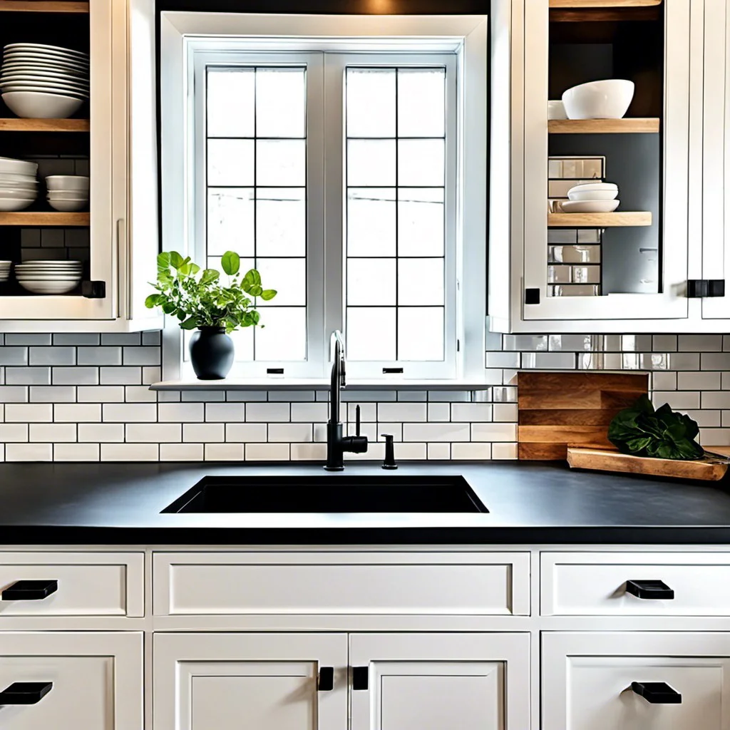 black countertops with subway tile backsplash