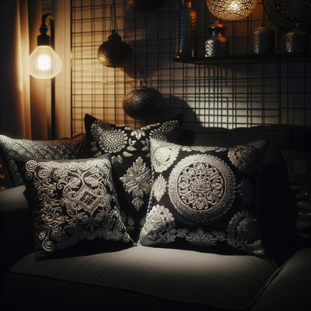 black pillows with silver embroidery