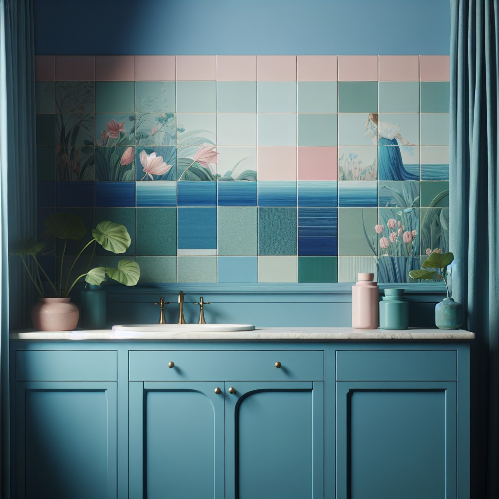 blending blue cabinets with pastel tiles