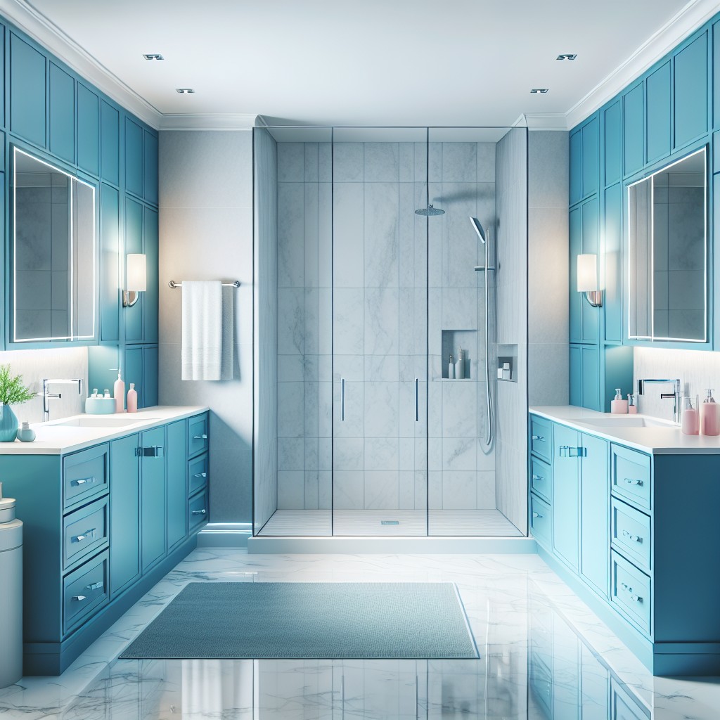 blue cabinets and frameless glass shower screens