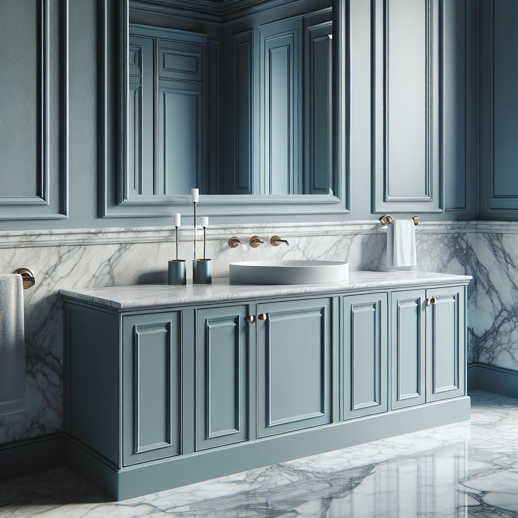 blue cabinets with carrara marble countertops