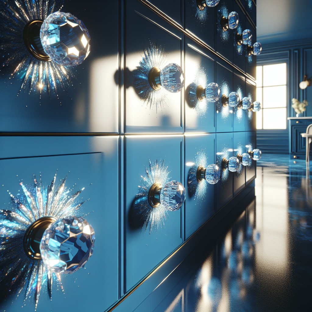 blue cabinets with crystal knobs for glam style
