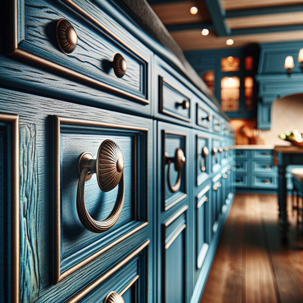 blue cabinets with polished nickel cup pulls