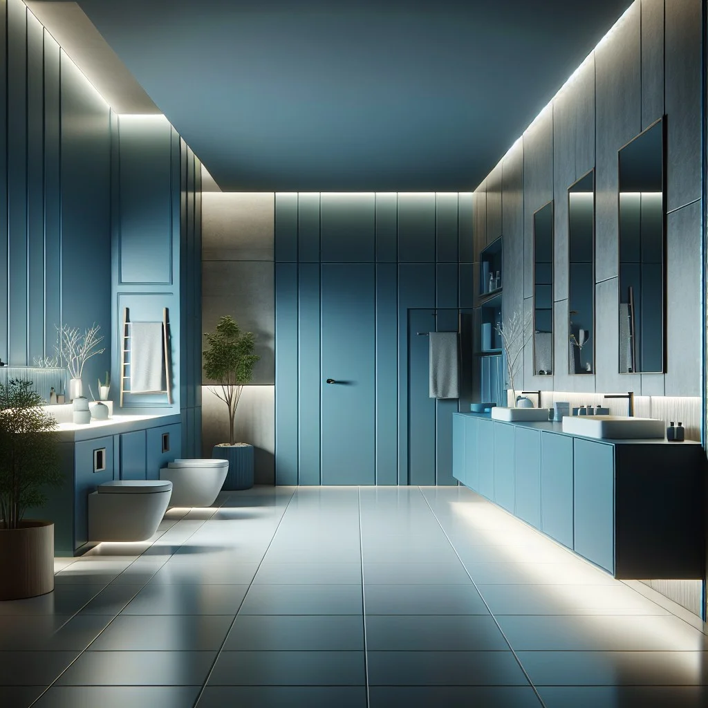 blue cabinets with white porcelain tile floors