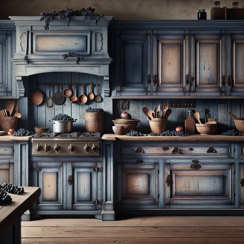 blueberry tones in rustic kitchen