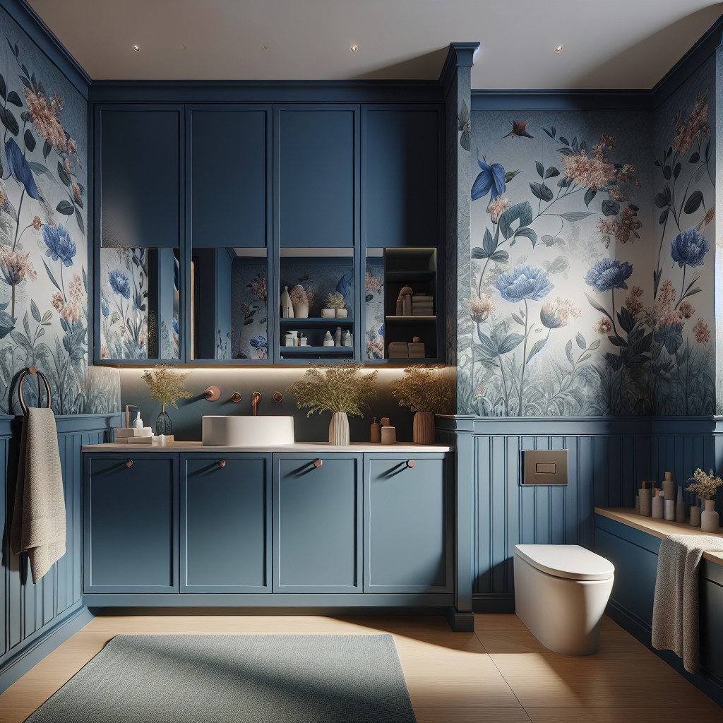 bold blue cabinets with floral wallpaper