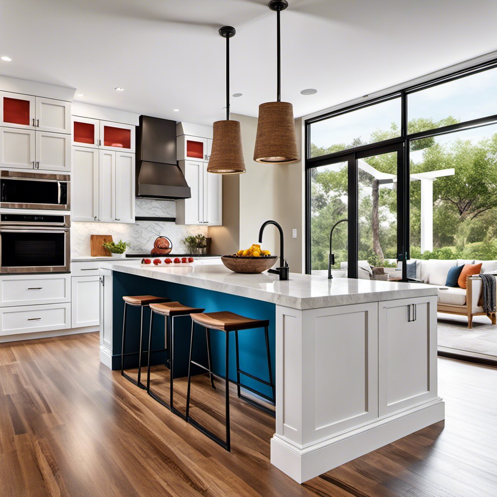 bold colored columns for a spacious kitchen island