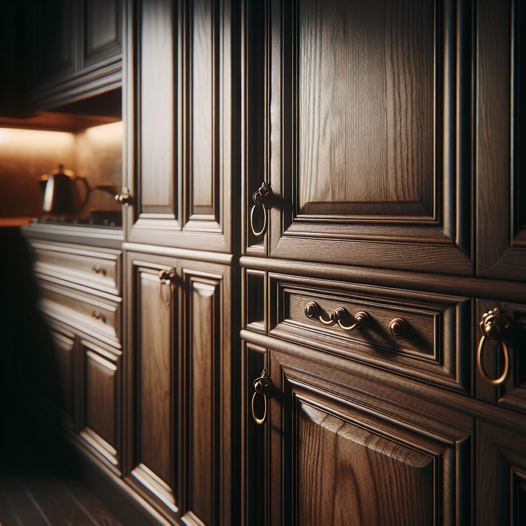 bronze pull handles accentuating dark wood cabinets