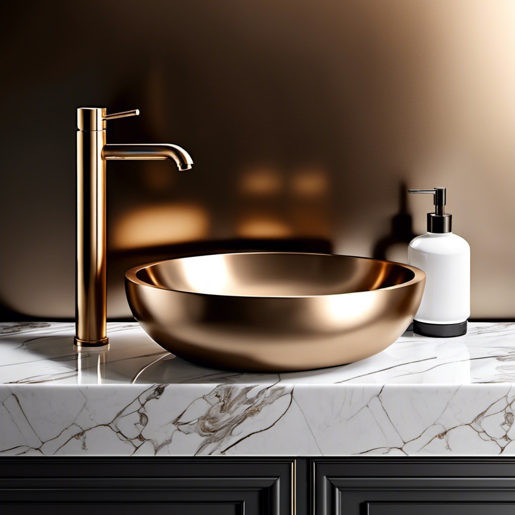 bronze sink with a marble vanity top