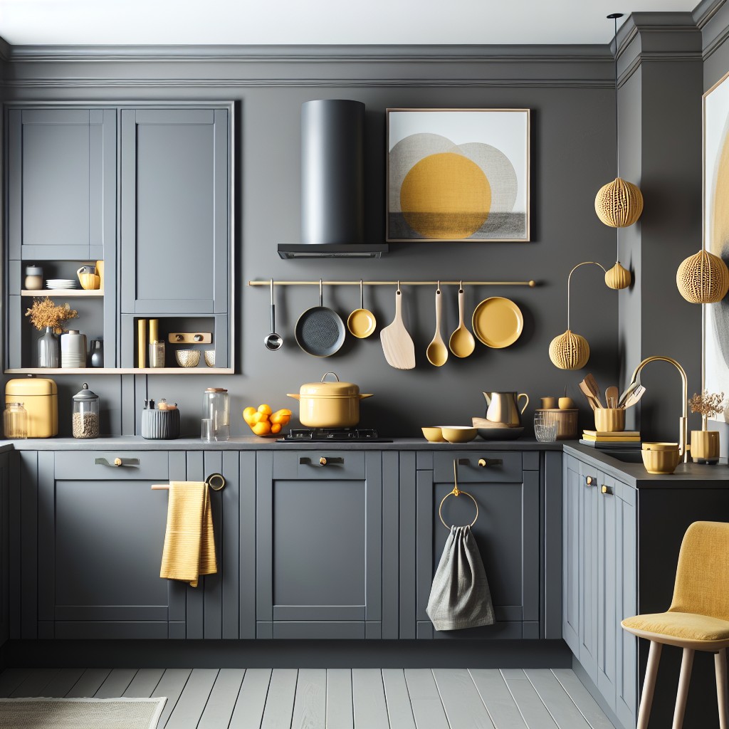 buttery yellow accessorizing in a kitchen with dark grey cabinets