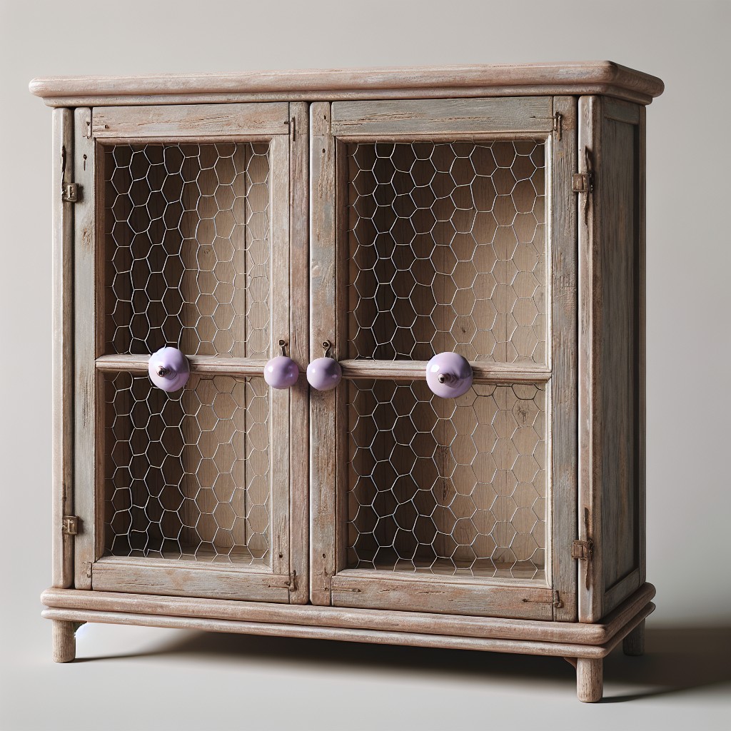 chicken wire cabinetry with lilac purple porcelain knobs