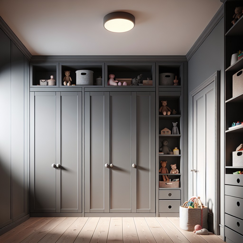 childrens playroom with dark grey cabinets for toy storage