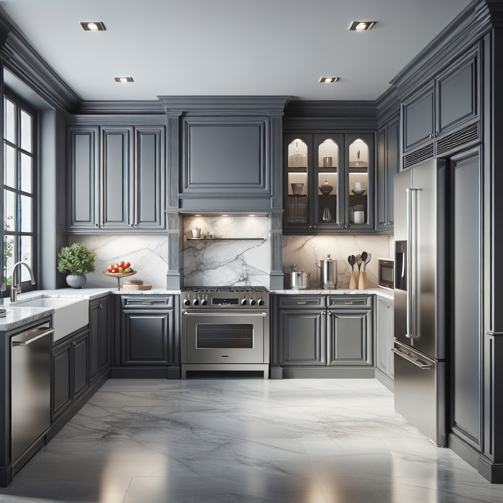 classic contemporary kitchen with dark grey cabinets and light grey walls