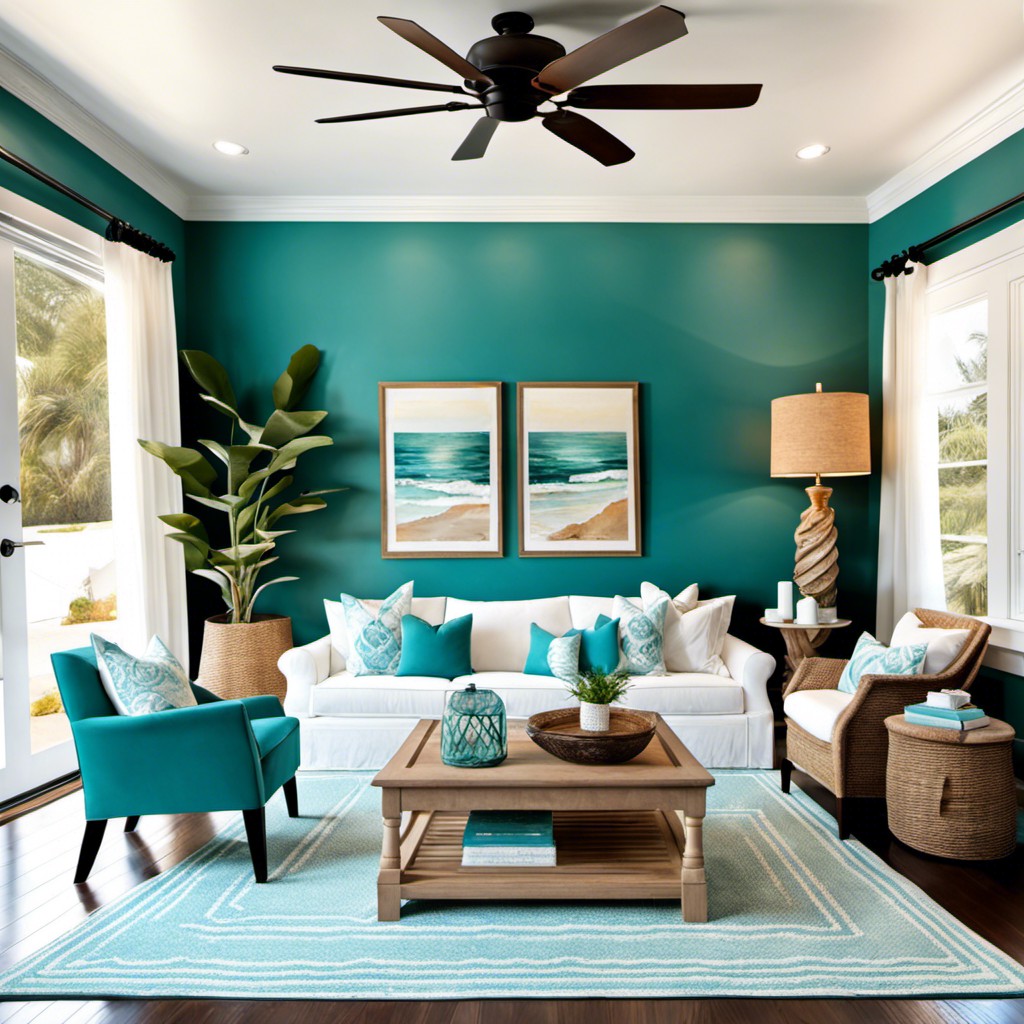 coastal style room with teal hues