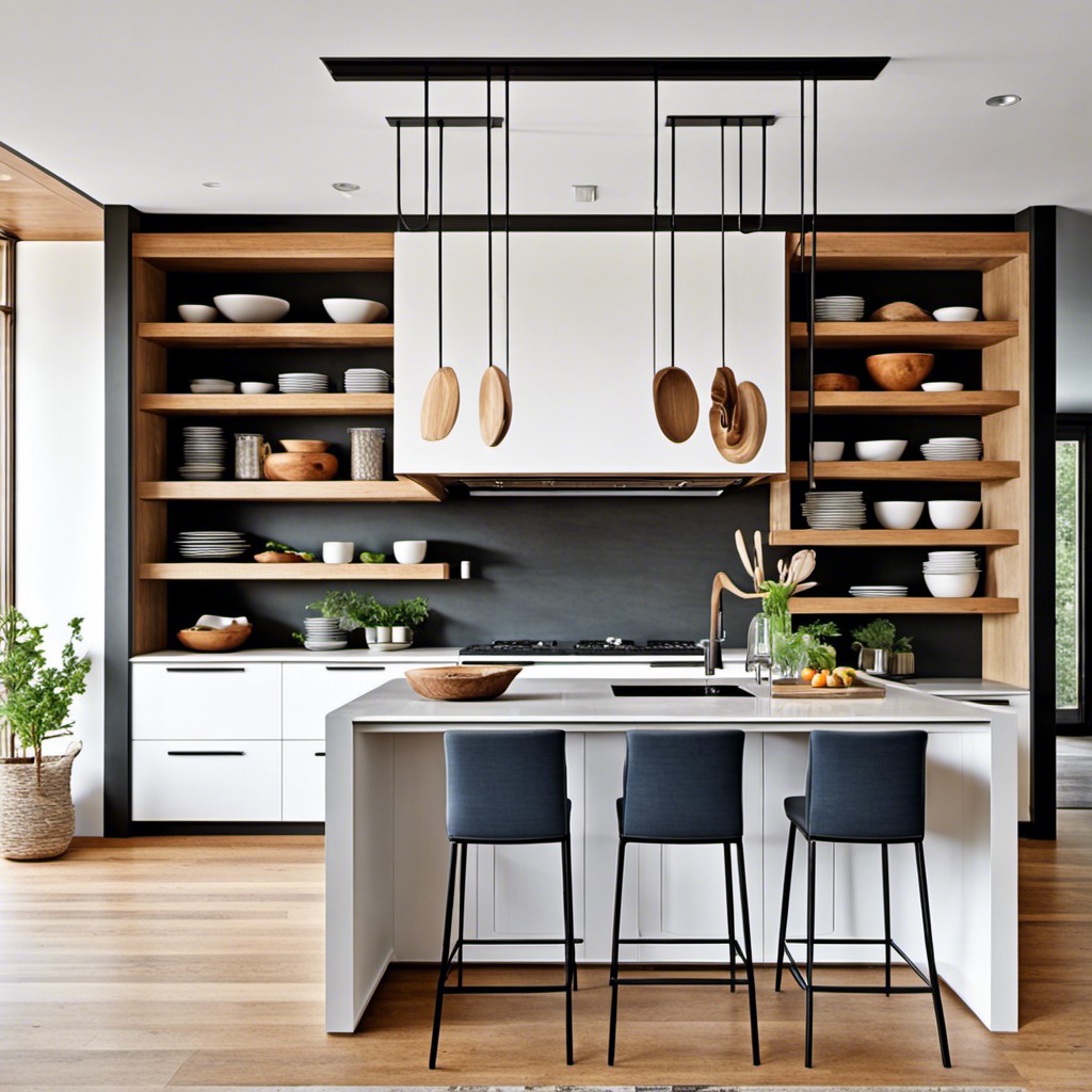 columns doubling as bookshelves for cookbooks