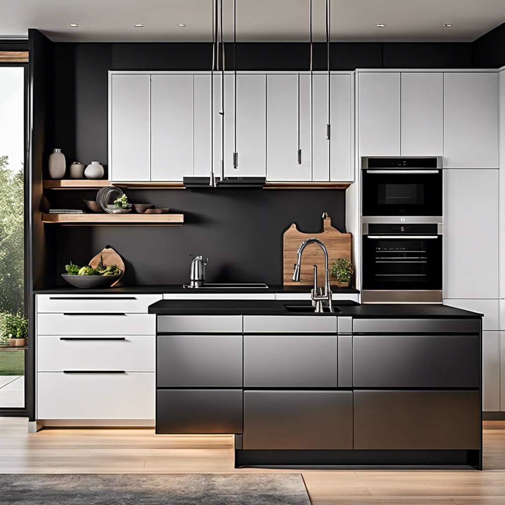 combination of black countertops with stainless steel appliances