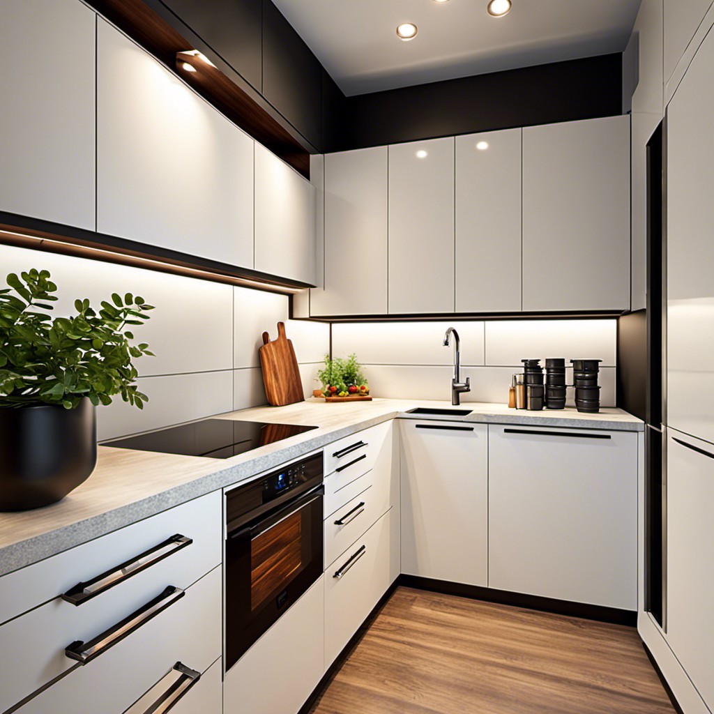 compact galley kitchen under cabinet lighting