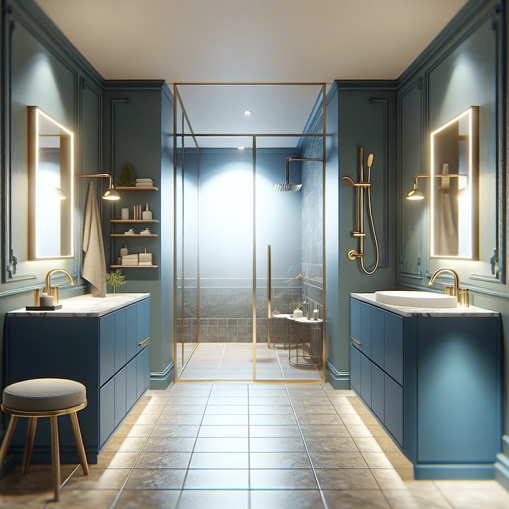 complementing blue cabinets with gold fixtures
