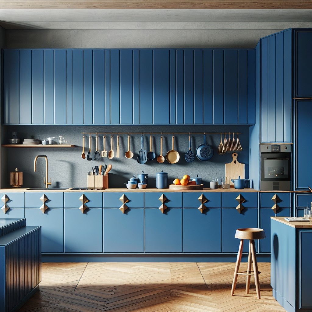 contemporary flair with geometric knobs on blue cabinets