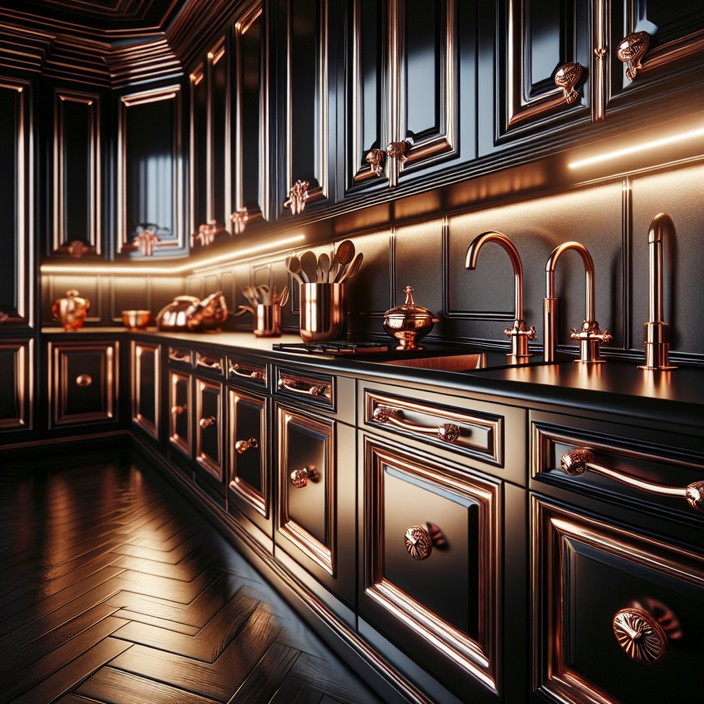 copper accents on black kitchen cabinets