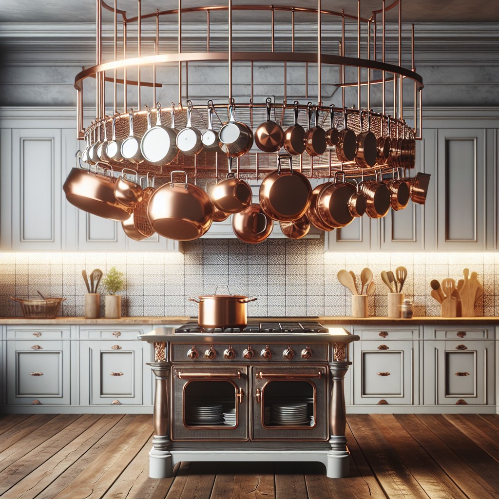 copper pot hanging rack above the stove