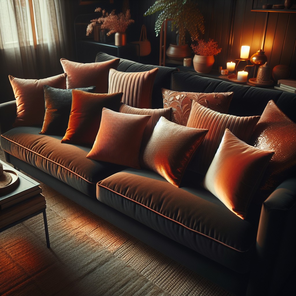 copper toned pillows on black couch