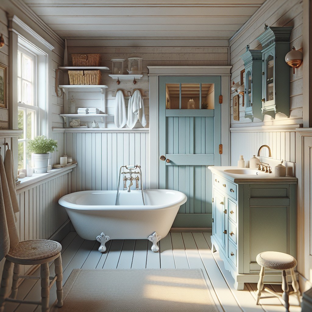 cottage style bathroom with light blue cabinets