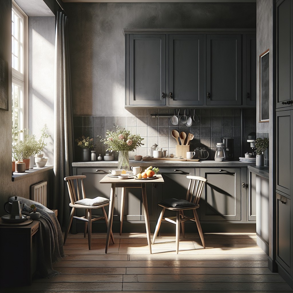 cozy breakfast nook with dark grey cabinets and light grey walls