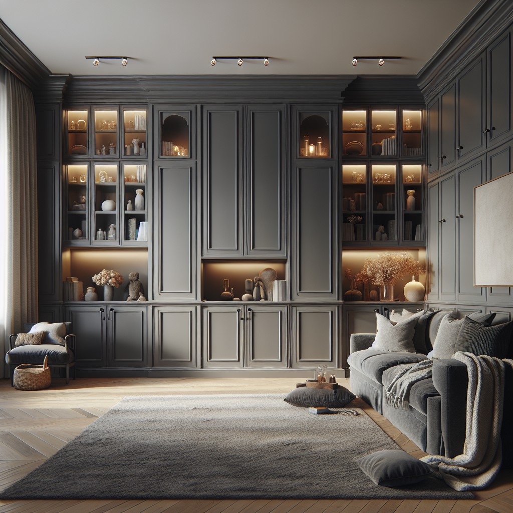 cozy family room featuring dark grey built in cabinets against light grey walls