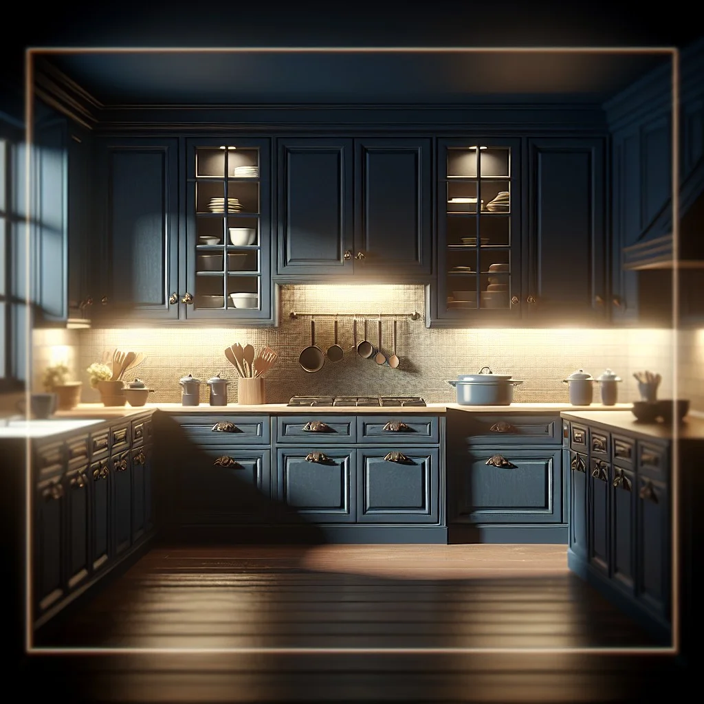 dark blue cabinets with antique bronze handles