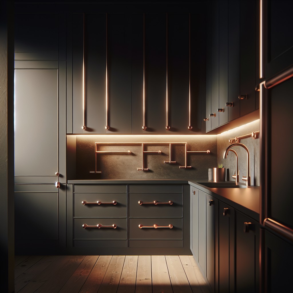 dark cabinets with contrasting rose gold hardware