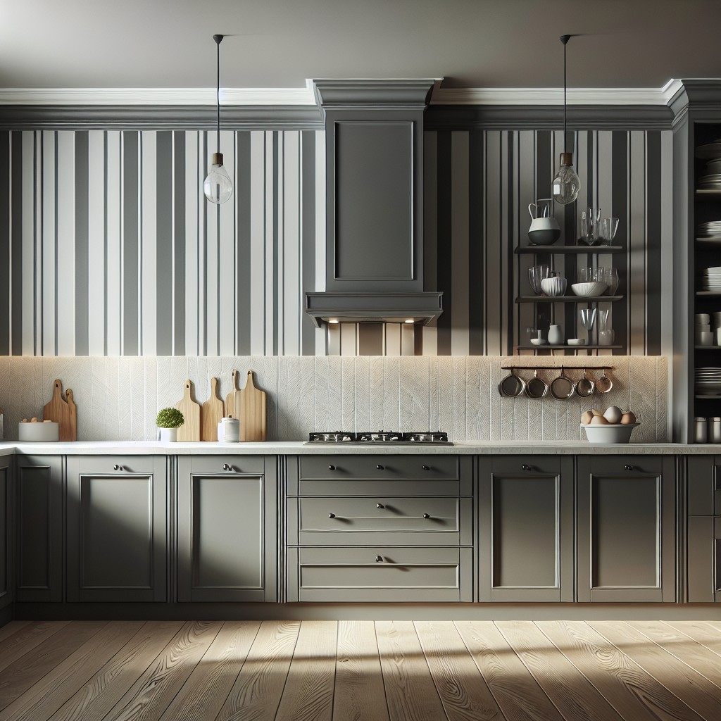 dark grey cabinets with striped grey and white walls for a fun contrast