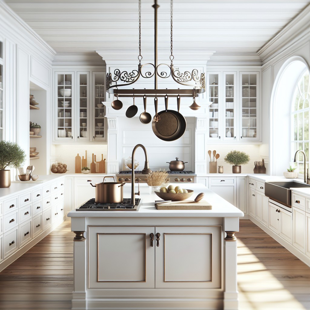 decorating with bronze pot racks in white kitchens
